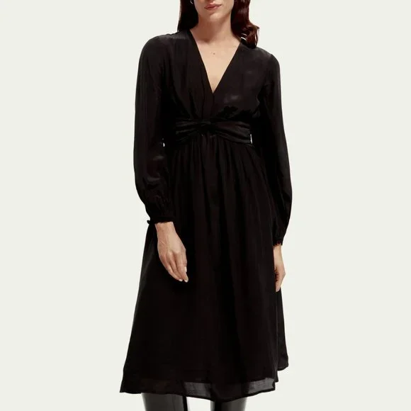 knee length dresses for ladies Blue / XS Ladies Floral Silk V-Neck Belted Midi Dress for Summer main image 0